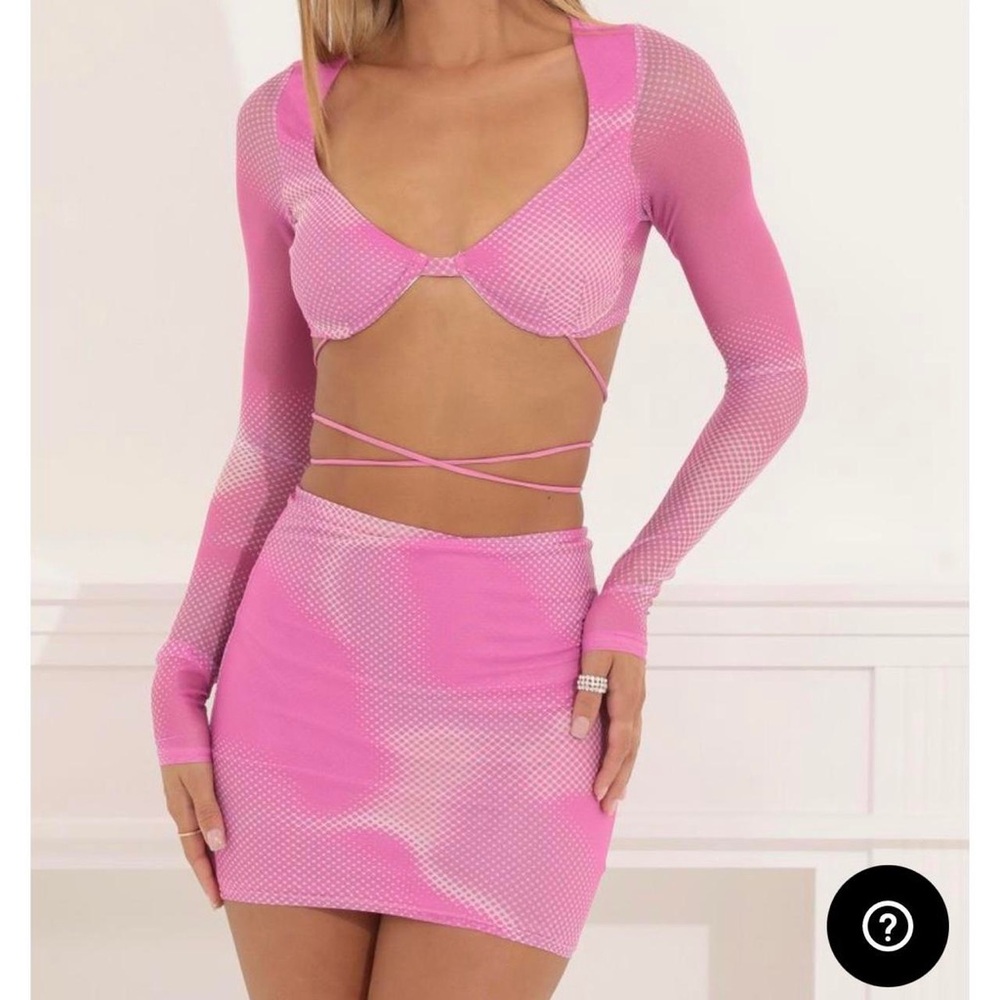 Lucy in the sky Jayda Mesh Two Piece Mini Skirt Set Pink Cropped Y2K sz XS/S